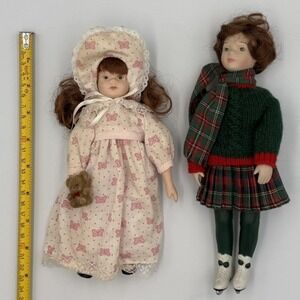 Vintage Porcelain Dolls –Cream/Pink Dress & Plaid Winter Outfit – Fair Condition